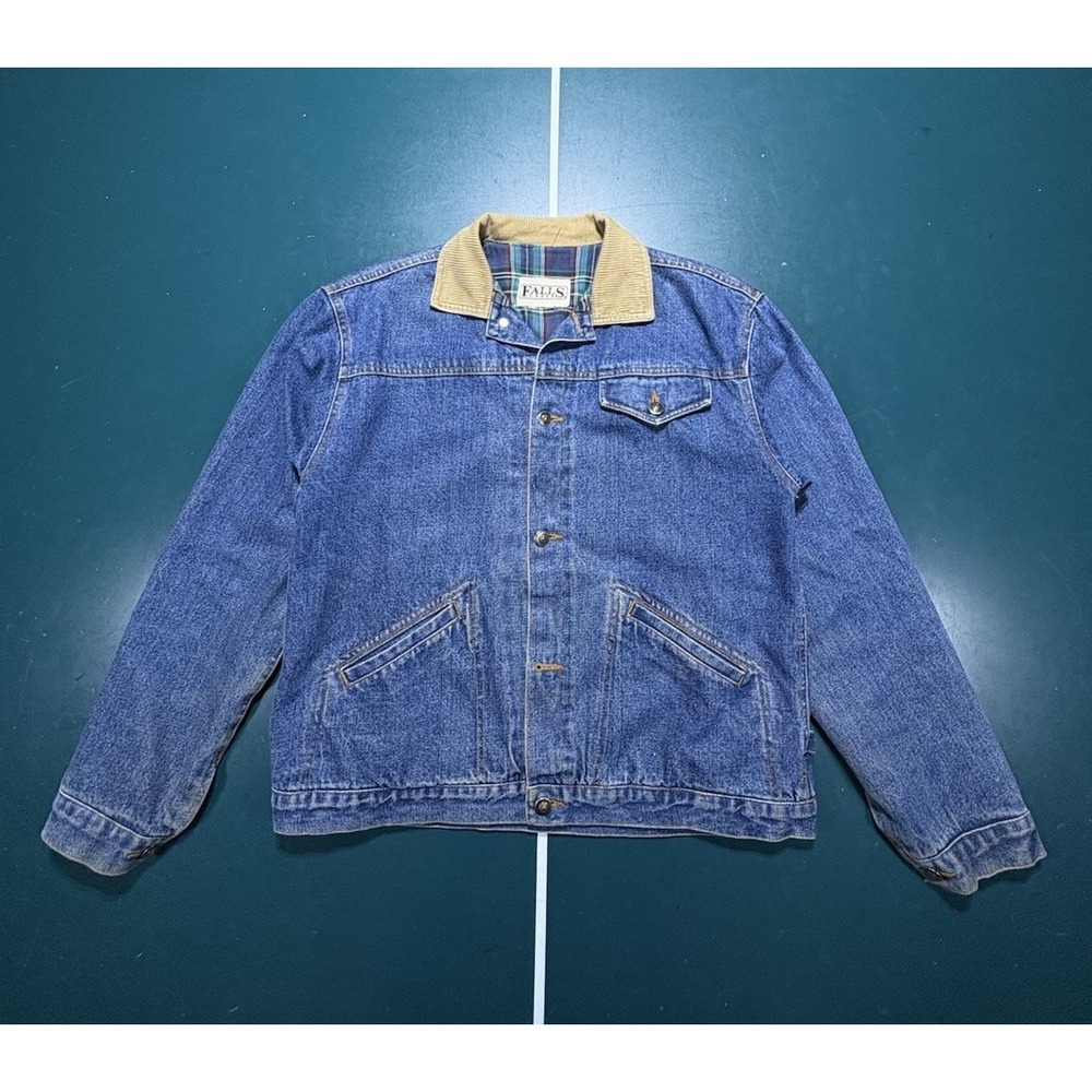 Vintage Denim Jacket Flannel-Lined Trucker Men's Medium Boxy Corduroy Collar 90s - Picture 2 of 16